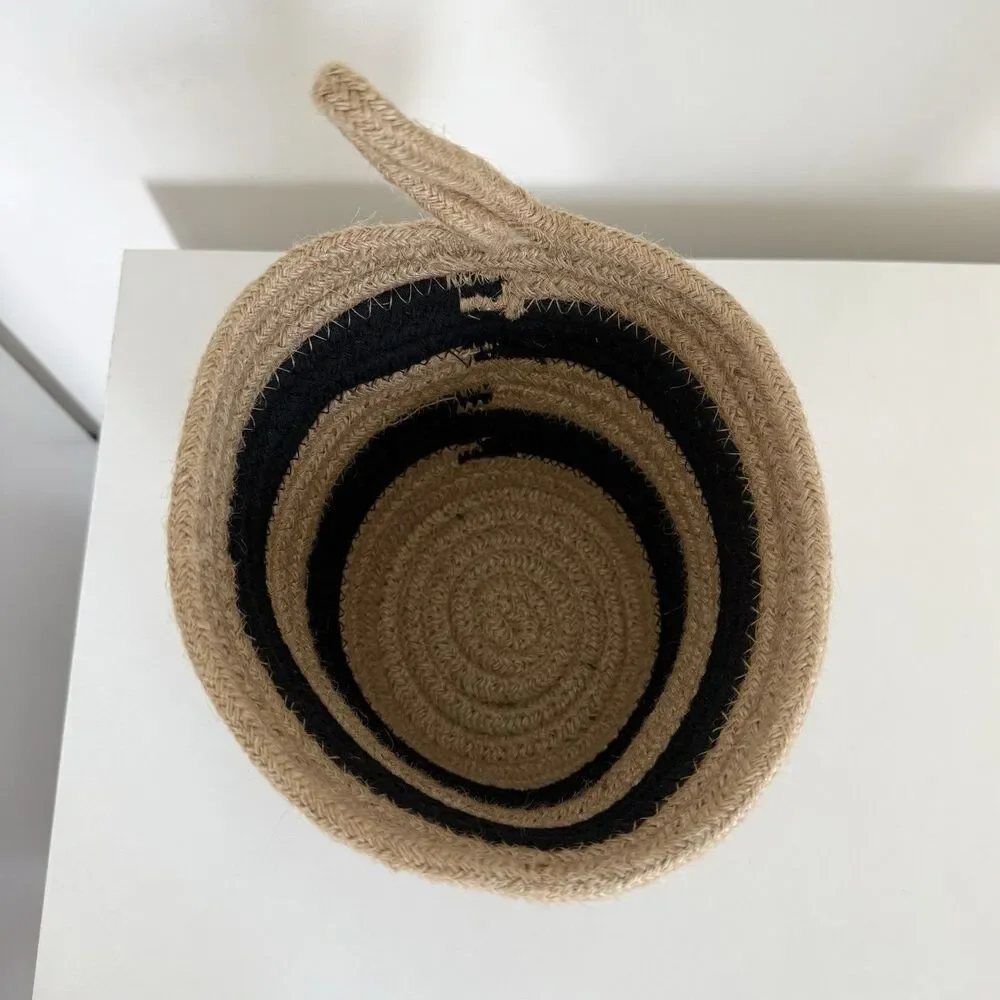 Jute Woven Storage Basket Black Stripe Natural Farmhouse Boho Home Decor